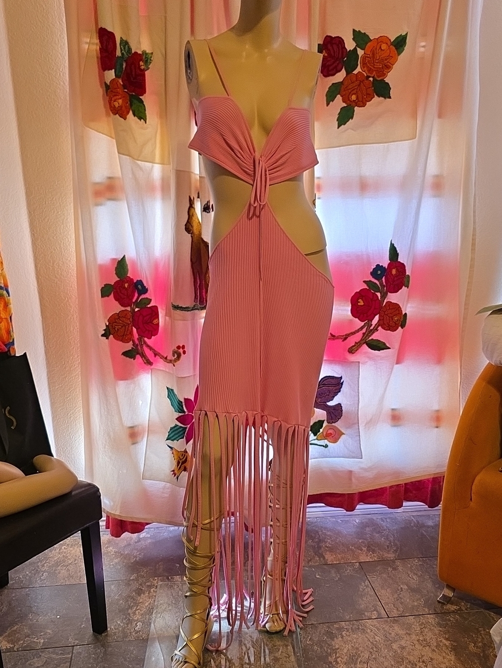 Pink Asymmetrical Fringe Cutout Maxi Dress with Tie Front